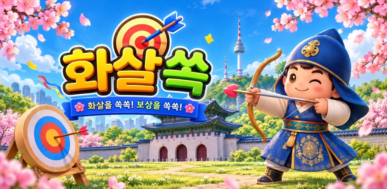 화살쏙 — 화살을 쏘는 한복 캐릭터와 벚꽃 배경